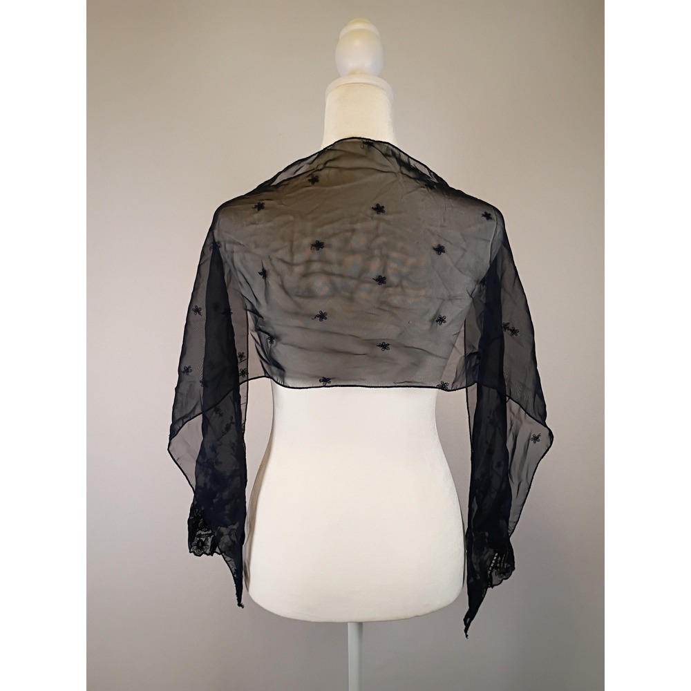 Vintage Coquette Express Women OS Navy Blue Sheer Floral Lace Embroidered Scarf